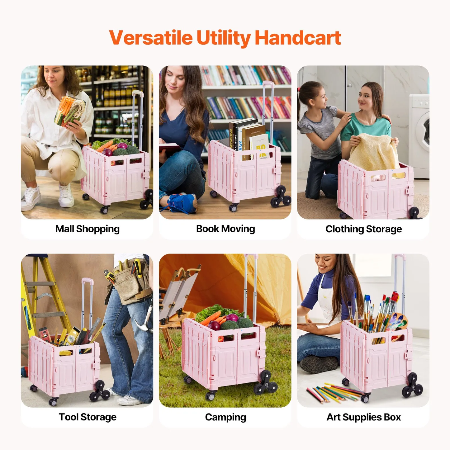 VEVOR Foldable Utility Cart, 65L Collapsible Portable Crate Rolling Cart with Stair Climbing & 360°Wheels,-$50