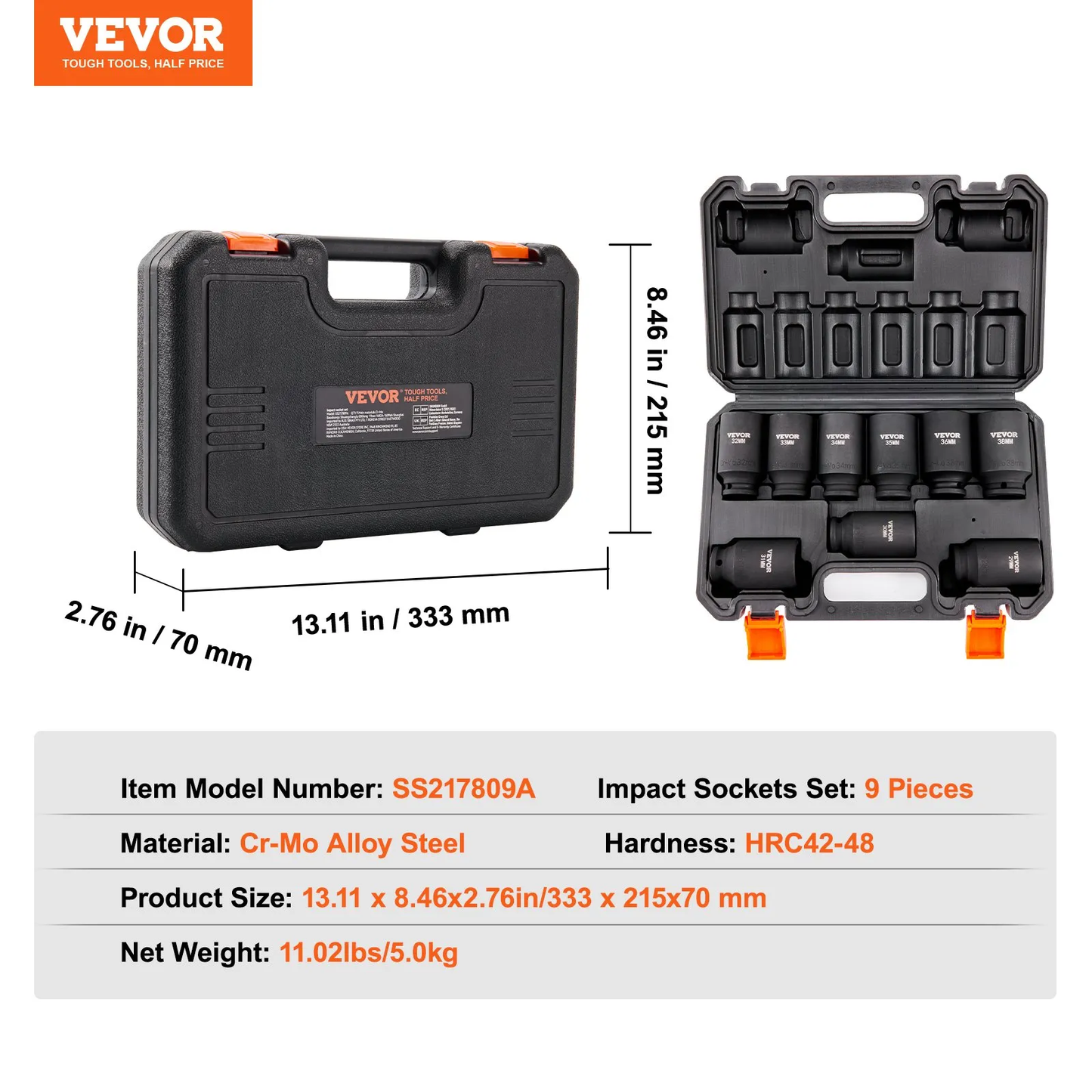 VEVOR 1/2" Drive Impact Socket Set, 9 Piece Deep Socket Set Metric 29-38mm, 6 Point Cr-Mo,-$35