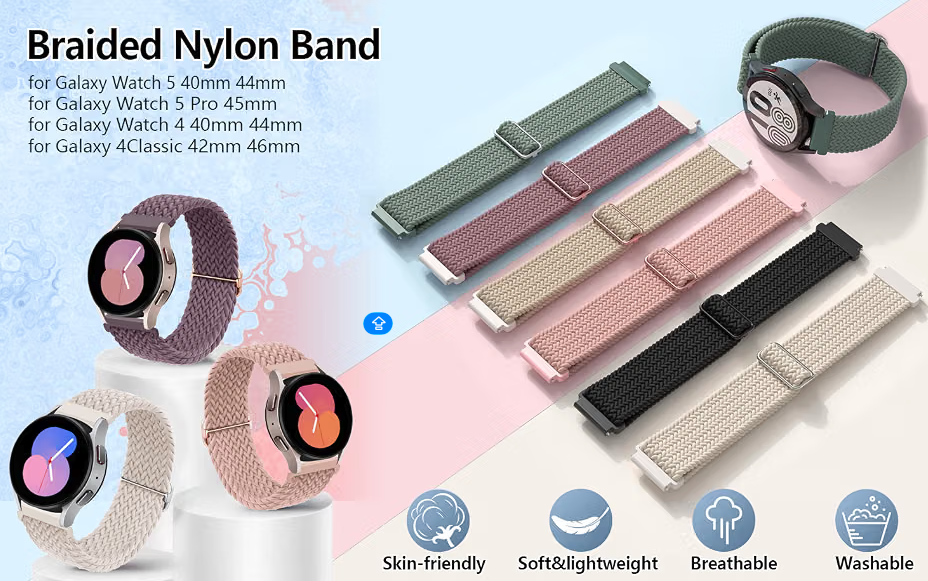 Brand New 6-Pack 20mm Elastic Fabric Braided Stretchy Sport Strap Wristband for Samsung Galaxy Watch 7/6/5/4/FE/Active 2/Classic/Pro