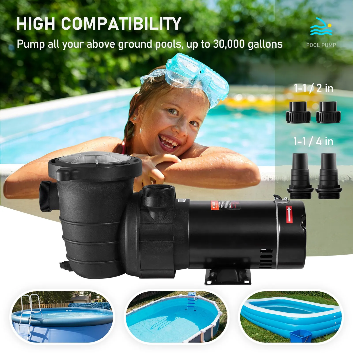 VEVOR Swimming Pool Pump, 1.5 HP 115 V, 1100 W Single Speed Pump for In/Above Ground Pool,-$120
