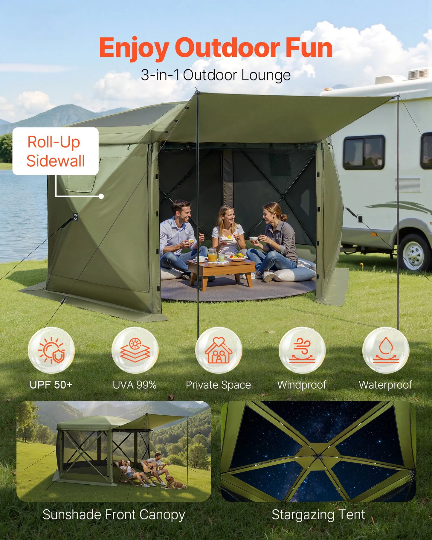 OPen Box VEVOR Pop up Gazebo Screen Tent, 10 x 10 ft Large 6-Sided Camping Canopy Tent with Removable Top,-$150