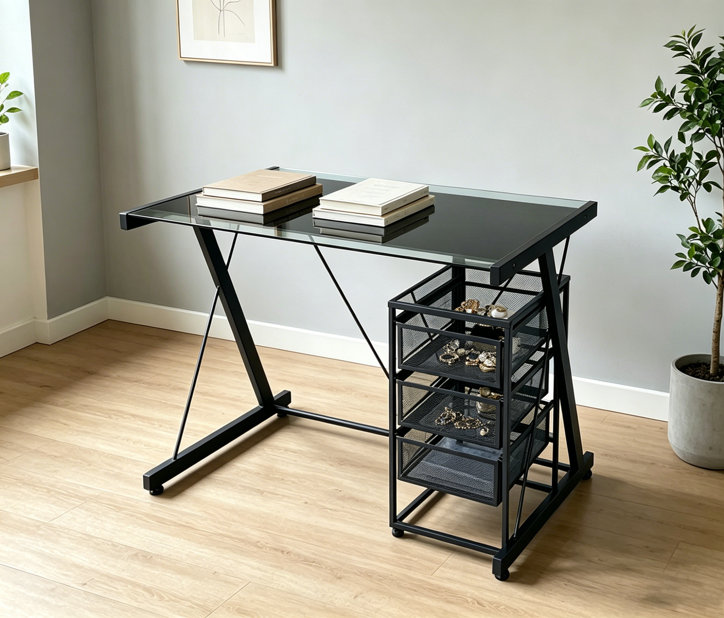 Brand New (Demo) Black Glass Top Desk with 3-Tier Mesh Drawer Unit,-$100