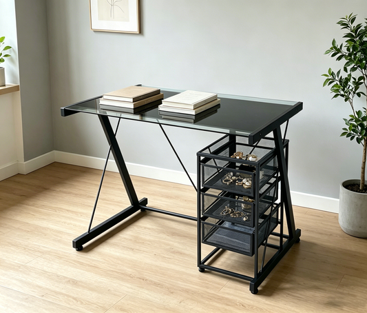 Brand New (Demo) Black Glass Top Desk with 3-Tier Mesh Drawer Unit,-$100