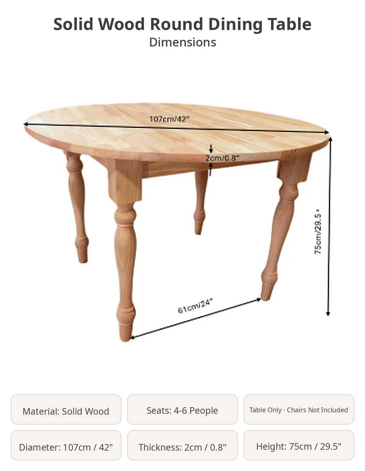 BNIB-Premium Solid Wood Round Dining Table - 42" (107cm )Tabletop, 29.5"(75cm) Height