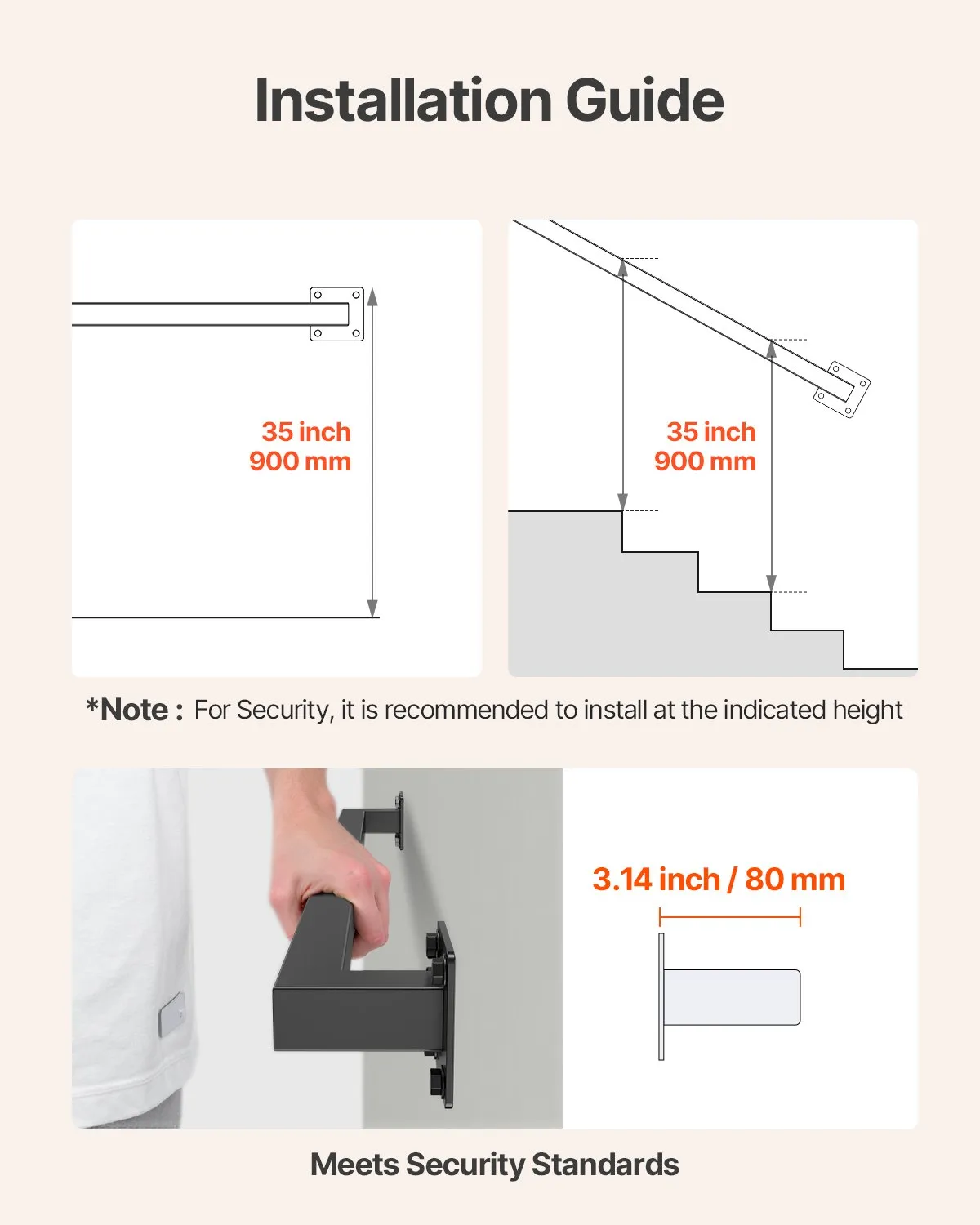 VEVOR Wall Mounted Stair Handrail, 3ft Black Iron Staircase Handrail Indoor, 250lbs Load Capacity,-$20