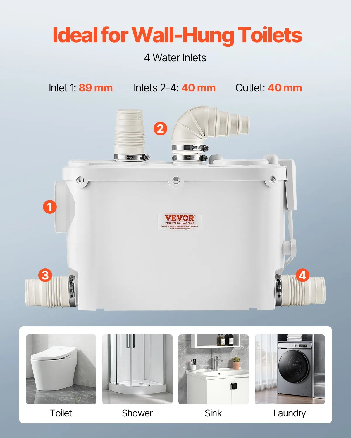 VEVOR Macerator Pump, 500W, 29 GPM Flow, 26 ft/8 m Head, Macerator Wall-Hung Toilet Pump with 4 Water,-$95