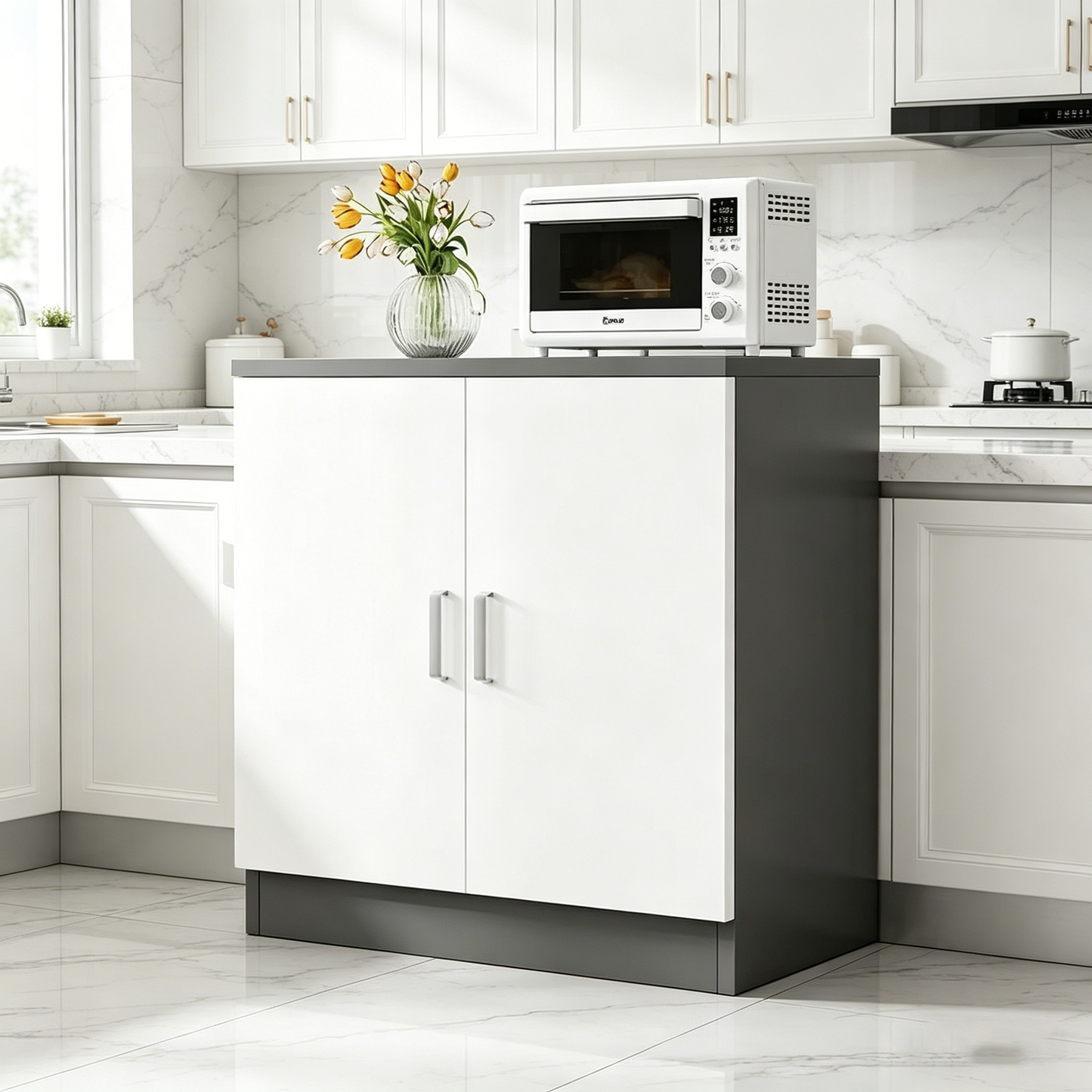 Brand New Assembled 2-door Sideboard Cabinet w/1 Adjustable Shelf, Storage Cupboard (Gray & White),-$80