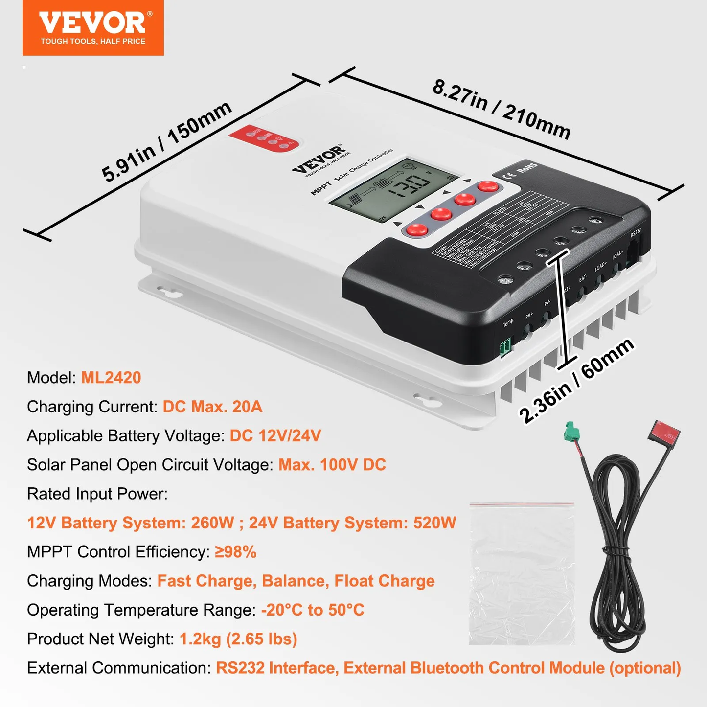 VEVOR 20A MPPT Solar Charge Controller, 12V / 24V Auto DC Input, Solar Panel Regulator Charger,-$55