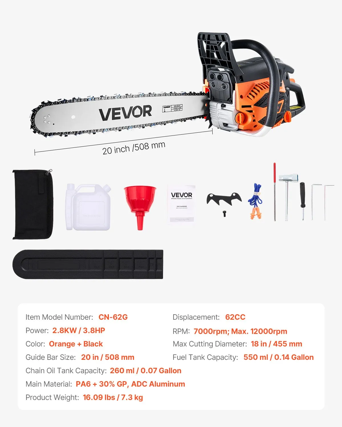 Open Box VEVOR 62 cc Gas Chainsaw, 20 inch Gas Powered Chainsaw, 3.8 HP Power Chain Saw,-$90
