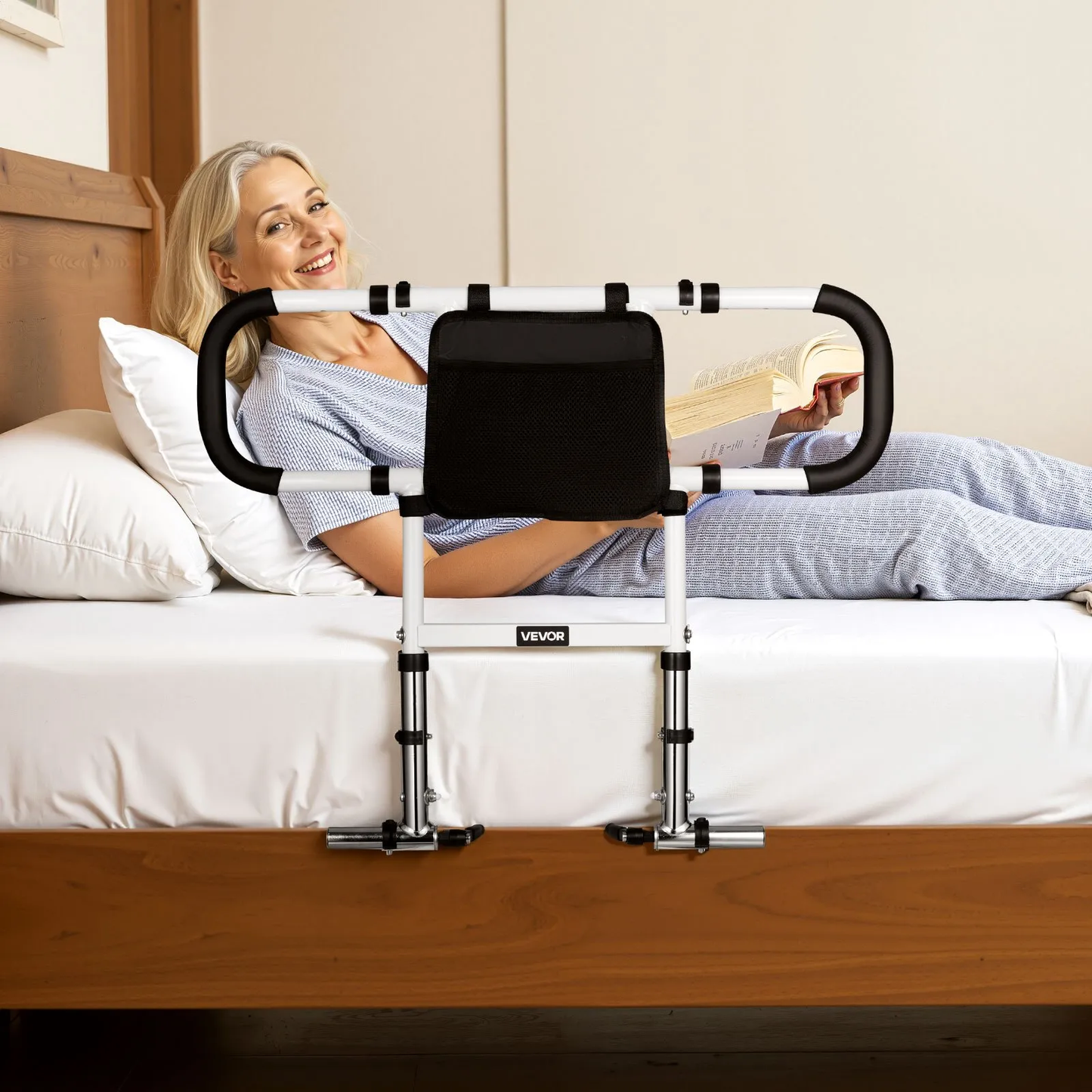 VEVOR Foldable Extendable Bed Assist Rail with Side PU Handles, Height Adjustable Carbon Steel,-$35