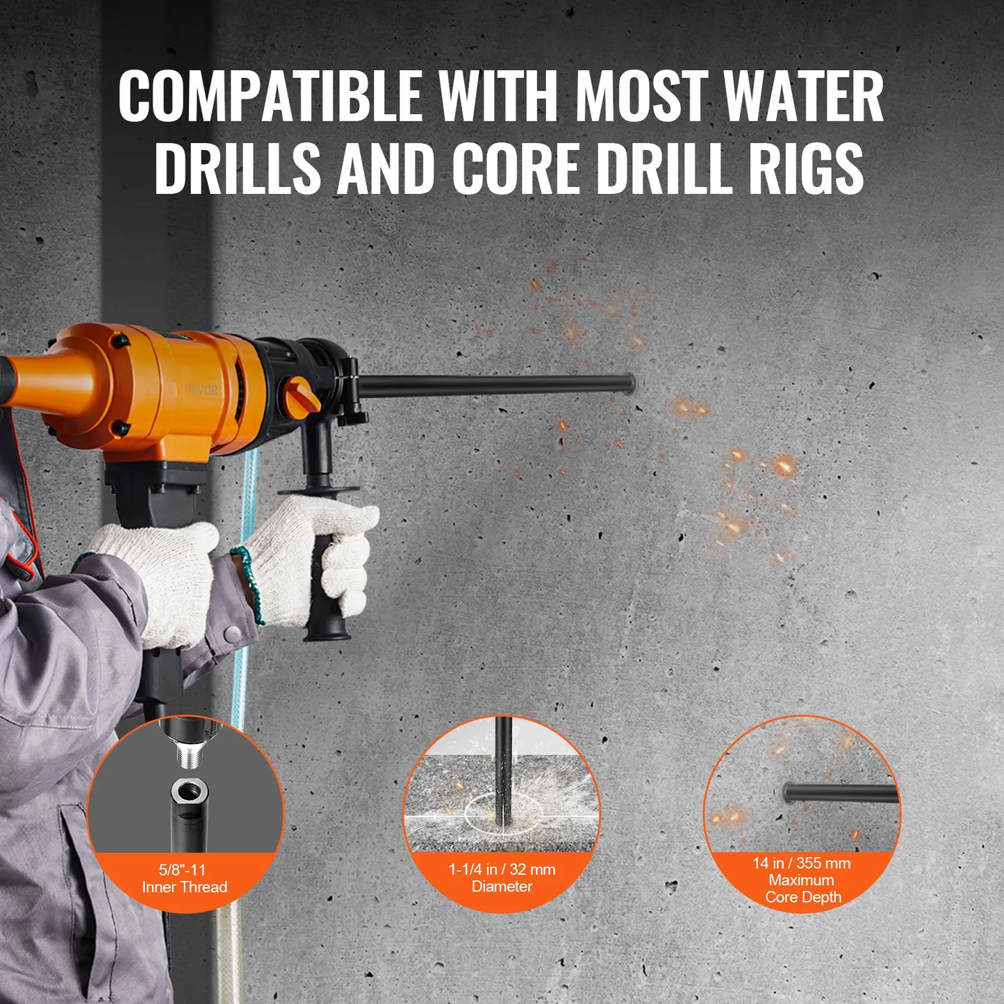 VEVOR Core Drill Bit, 1-1/4" Wet Diamond Core Drill Bits, 14" Drilling Depth Concrete Core Drill Bit,-$20