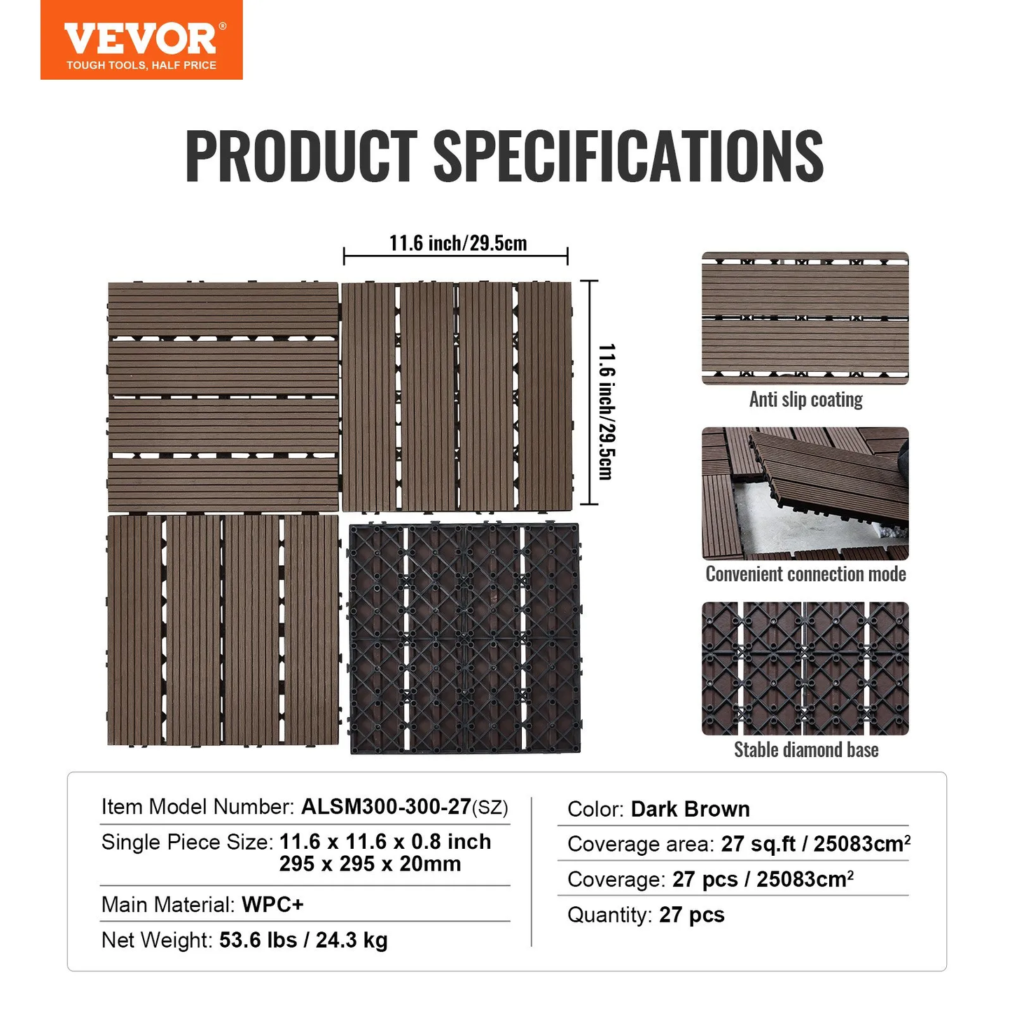 VEVOR Interlocking Deck Tiles Plastic Wood, 27 Pack,12"x12" 27 sq. ft All Weather Outdoor Flooring