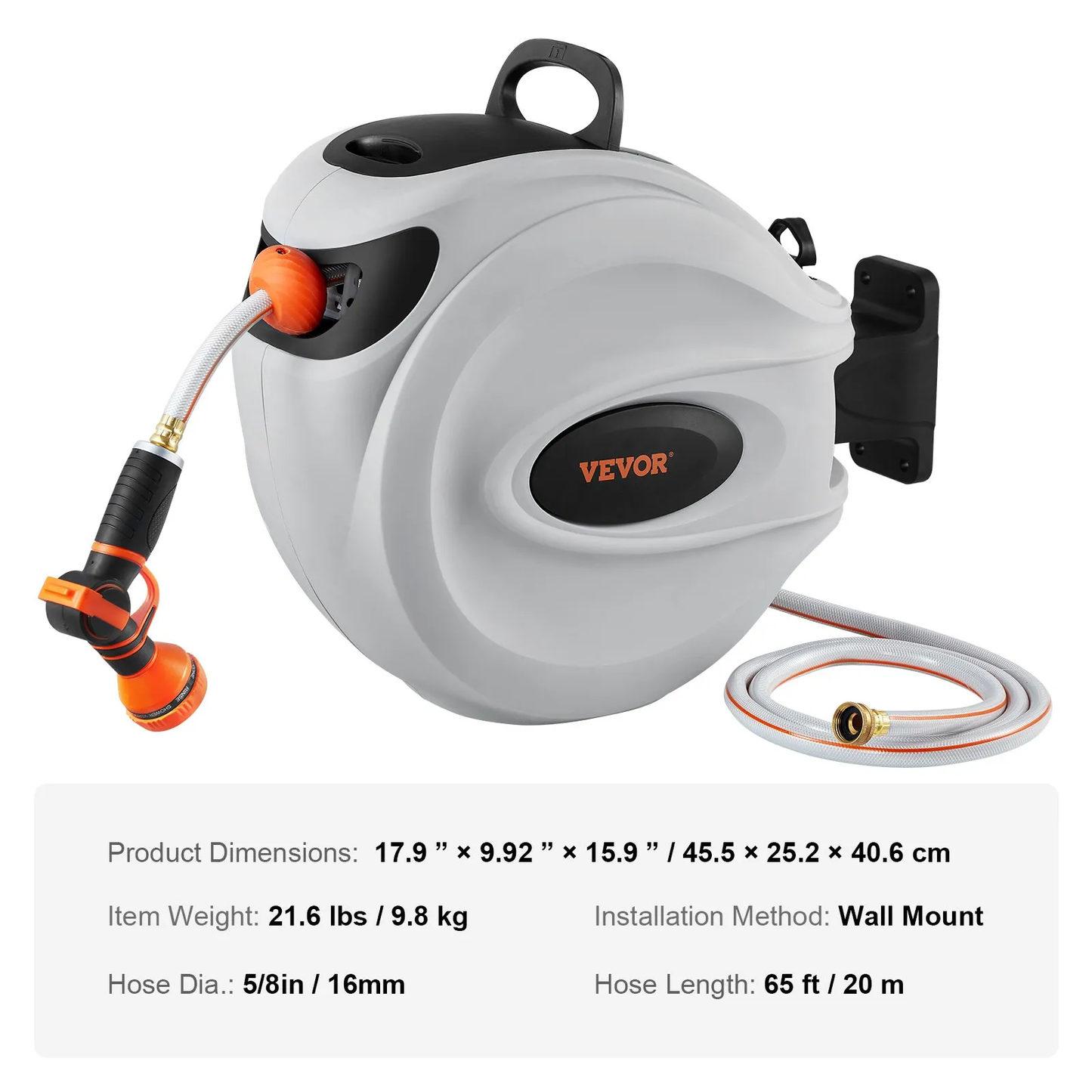 VEVOR Retractable Hose Reel, 65 ft x 5/8 inch, 180° Swivel Bracket Wall-Mounted, Garden Water Hose Reel,-$85