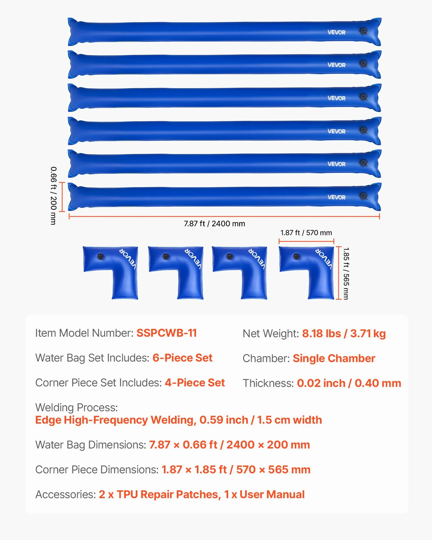 VEVOR Pool Cover Water Bags Set, 6 Packs 8 Ft Single Chamber Pool Cover Water Bags & 4 Corner Tubes,-$35