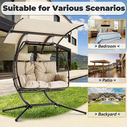 BNIB-Erommy 44'' x 67'' Outdoor Swing Loveseat with Stand, Foldable Hanging Chair, Hammock Cushion