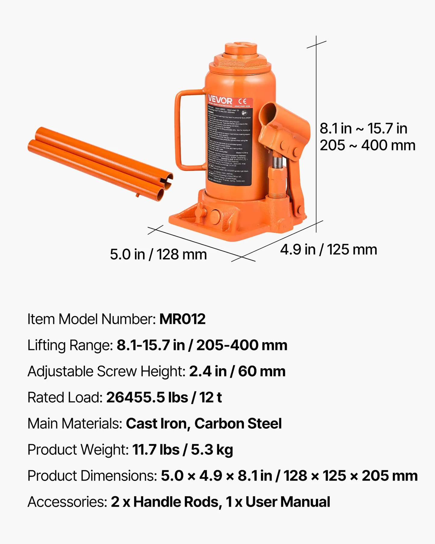VEVOR Hydraulic Bottle Jack, 12 Ton (26455.5 lbs) Capacity, 8.1-15.7 Inch Lifting Range, Heavy Duty,-$35