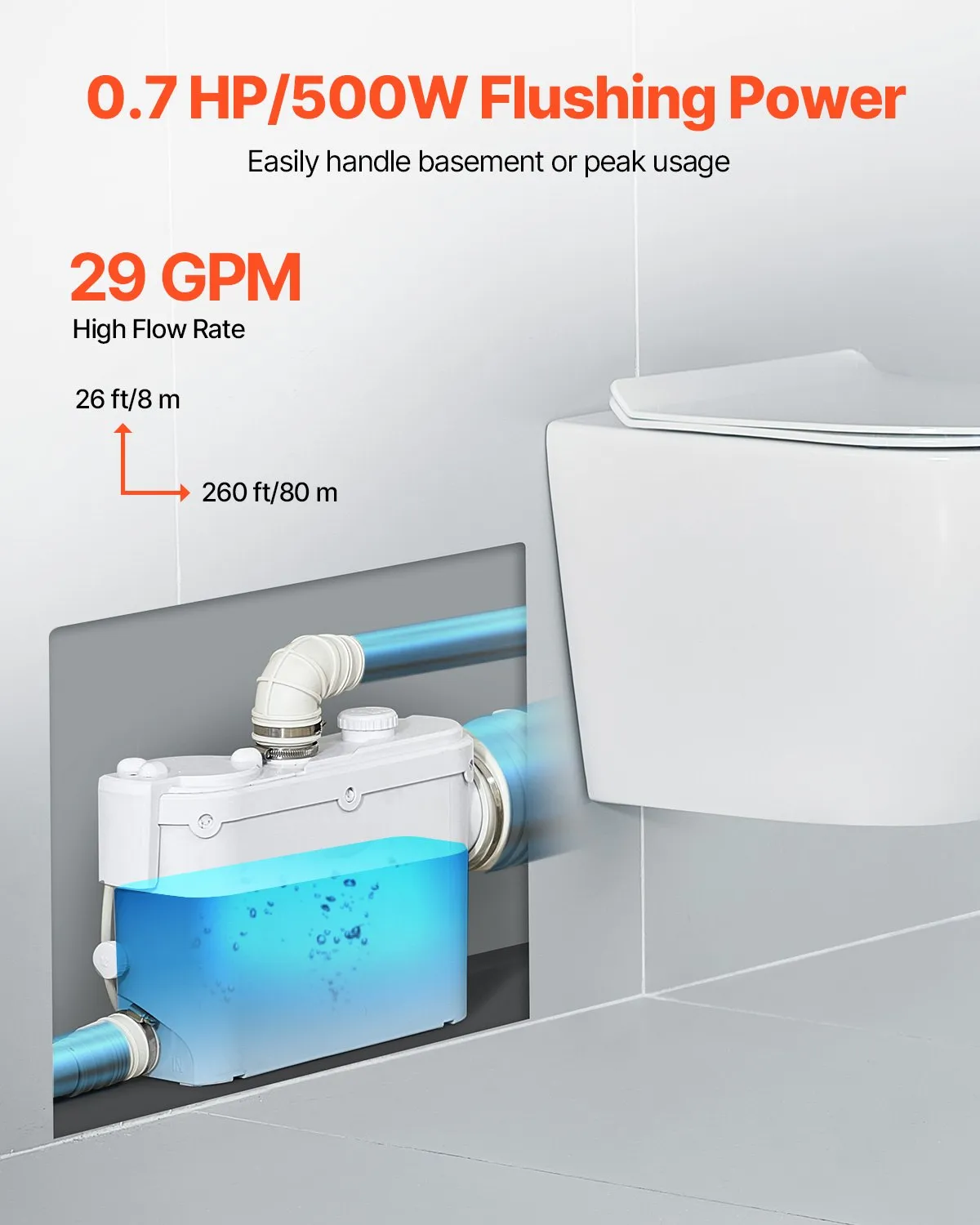 VEVOR Macerator Pump, 500W, 29 GPM Flow, 26 ft/8 m Head, Macerator Wall-Hung Toilet Pump with 4 Water,-$95