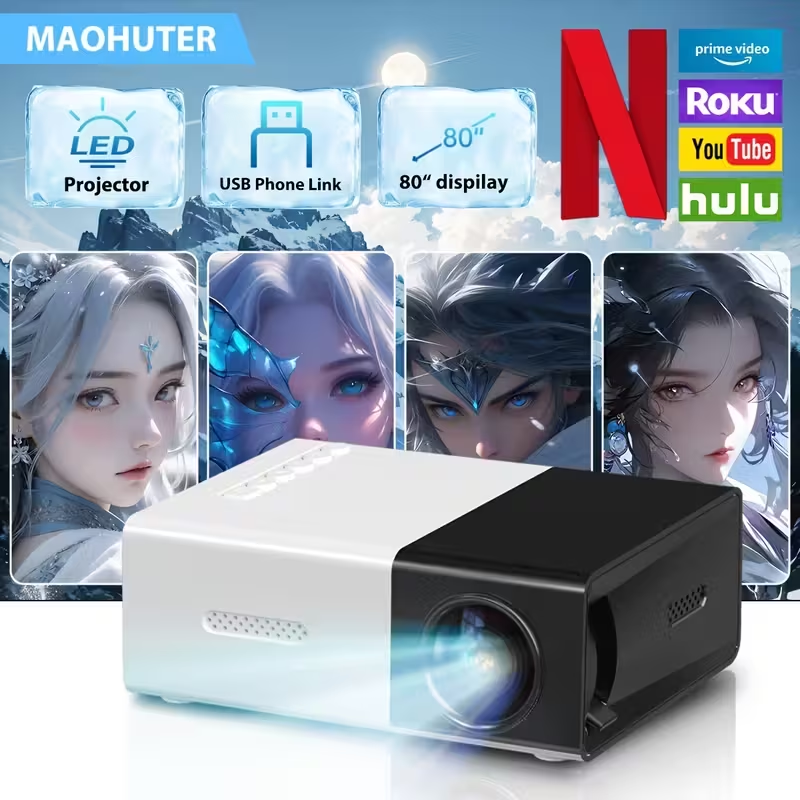 BNIB-Mini Portable LED Projector, 80" Large Screen Home Theater Projector with USB Phone Link,-$20