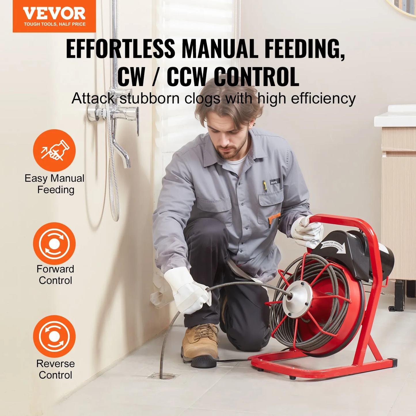 OPen Box VEVOR Drain Cleaner Machine 50FT x 3/8 Inch, Sewer Snake Auger Manual Feed, 250W Electric,-$200