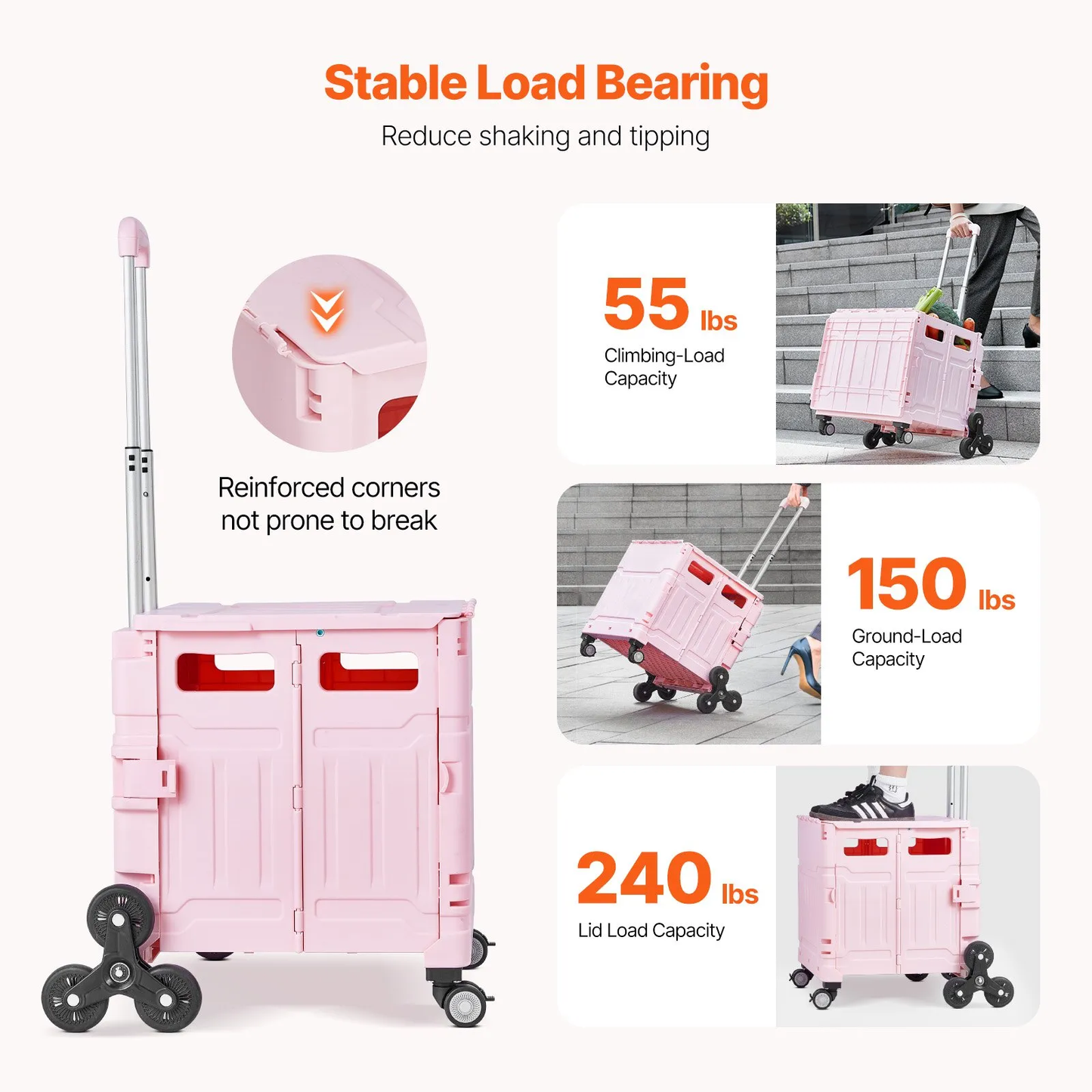 VEVOR Foldable Utility Cart, 65L Collapsible Portable Crate Rolling Cart with Stair Climbing & 360°Wheels,-$50