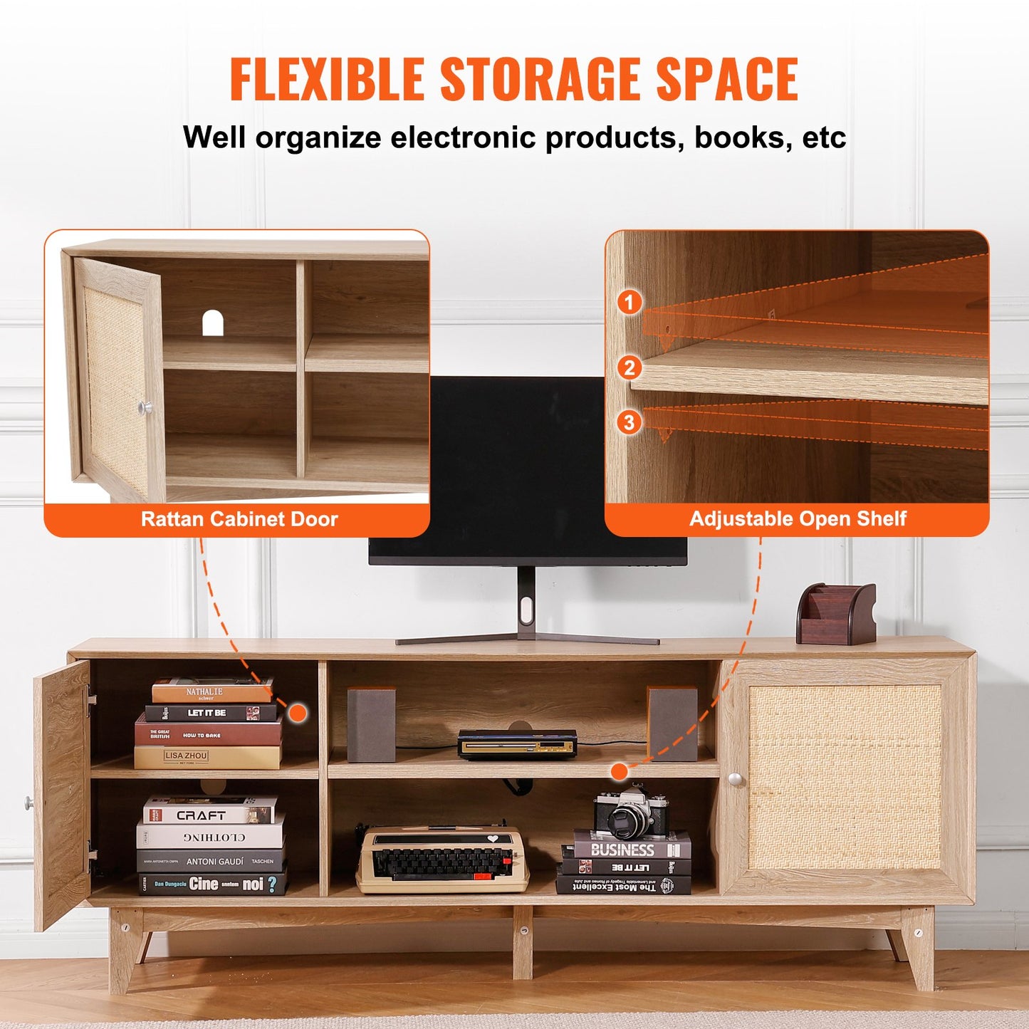 BNIB-VEVOR Rattan TV Stand for 75" TV Boho TV Stand with Build-in Socket Oak,-$220