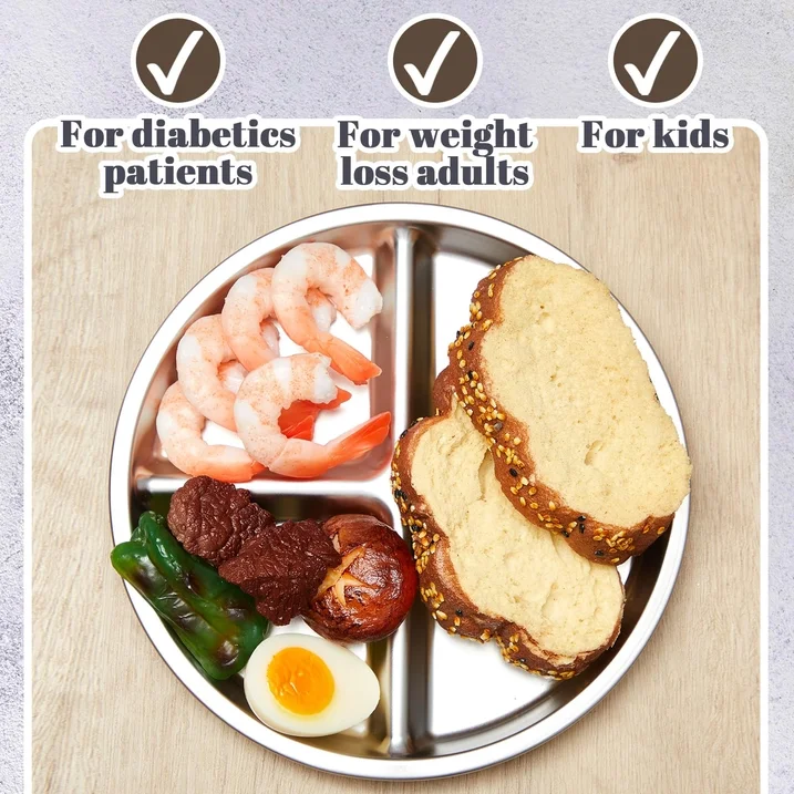 BNIB-2 Pcs Stainless Steel Portion Control Plate 3 Compartment Plate for Adults Kids Lunch Dinner,-$10