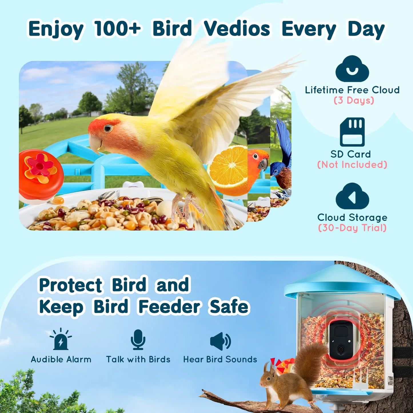 VEVOR Smart Bird Feeder with Camera AI Identify 10000+ Bird Specie Solar-Powered,-$75