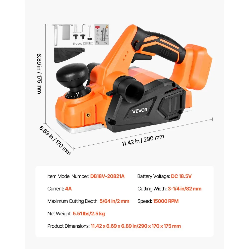VEVOR Cordless Handheld Planer, 3-1/4-Inch Cut Width, 15000 RPM Electric Hand (Bare Tool Only),-$45