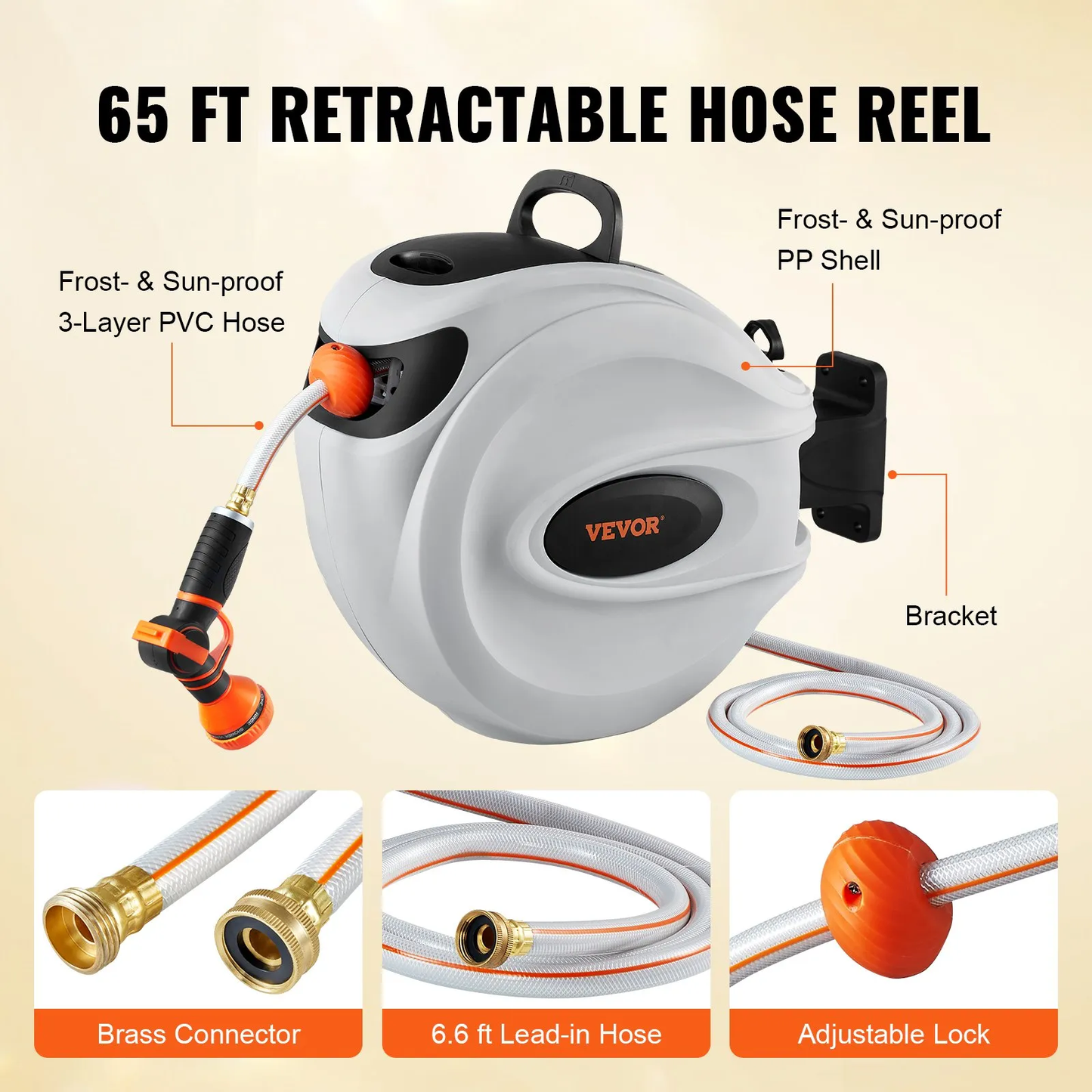 VEVOR Retractable Hose Reel, 65 ft x 5/8 inch, 180° Swivel Bracket Wall-Mounted, Garden Water Hose Reel,-$85