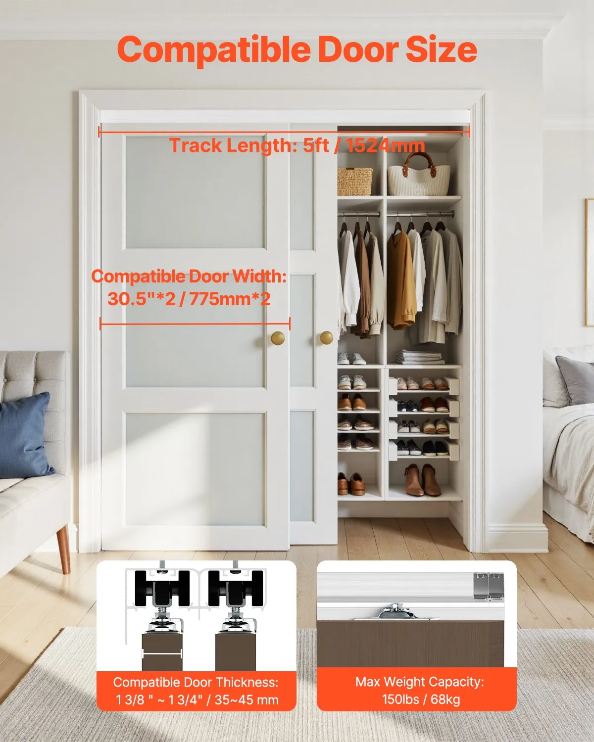 VEVOR Bypass Door Hardware, 5ft Heavy Duty Bypass Sliding Door Hardware Kit, Aluminum Alloy Sliding,-$50