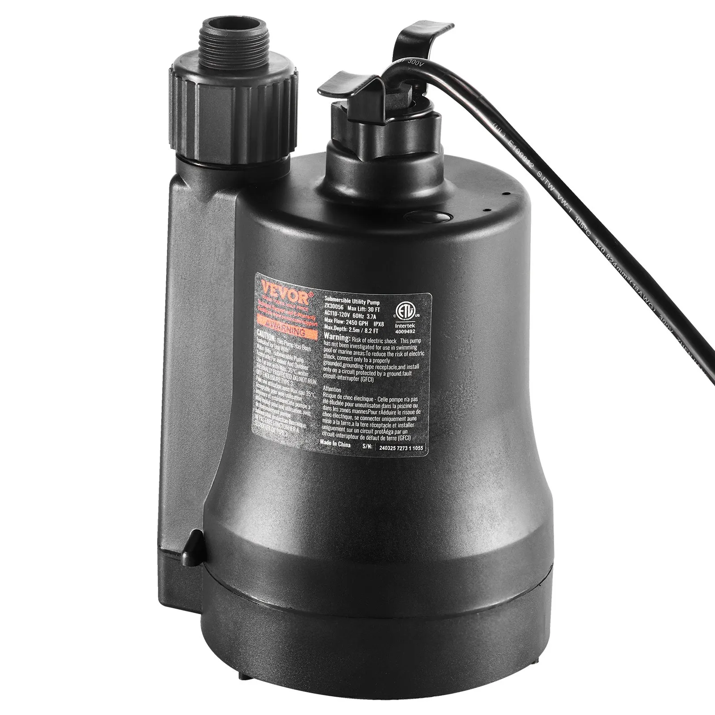 VEVOR Utility Pump, 1/3 HP, 2450 GPH High Flow, 30 ft Head, Sump Pump Submersible Water Pump,-$50