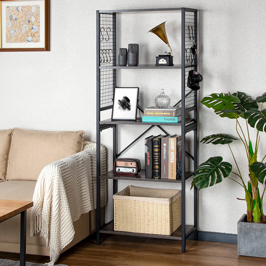 Brand New-Vintage 5-Tier Bookshelf Organizer/Rustic wood and Metal Storage Rack -$80（Gray）