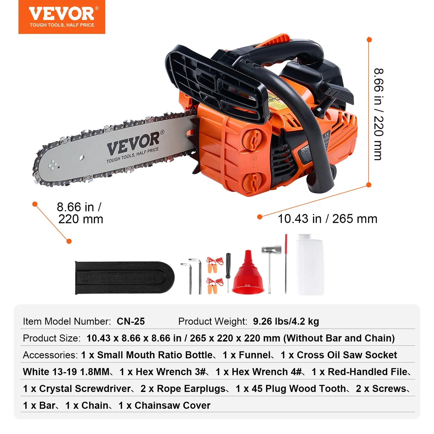 VEVOR Gas Chainsaw, 25.4CC 12" 1.2HP, Gasoline Powered Chain Saw, Handheld Cordless,-$80