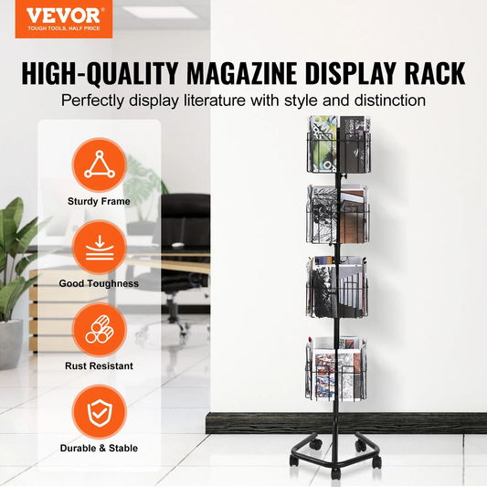 VEVOR Brochure Display Rack, 4-Tier 32 Pockets Rotating Magazine Literature Display Stand for Postcards,-$85