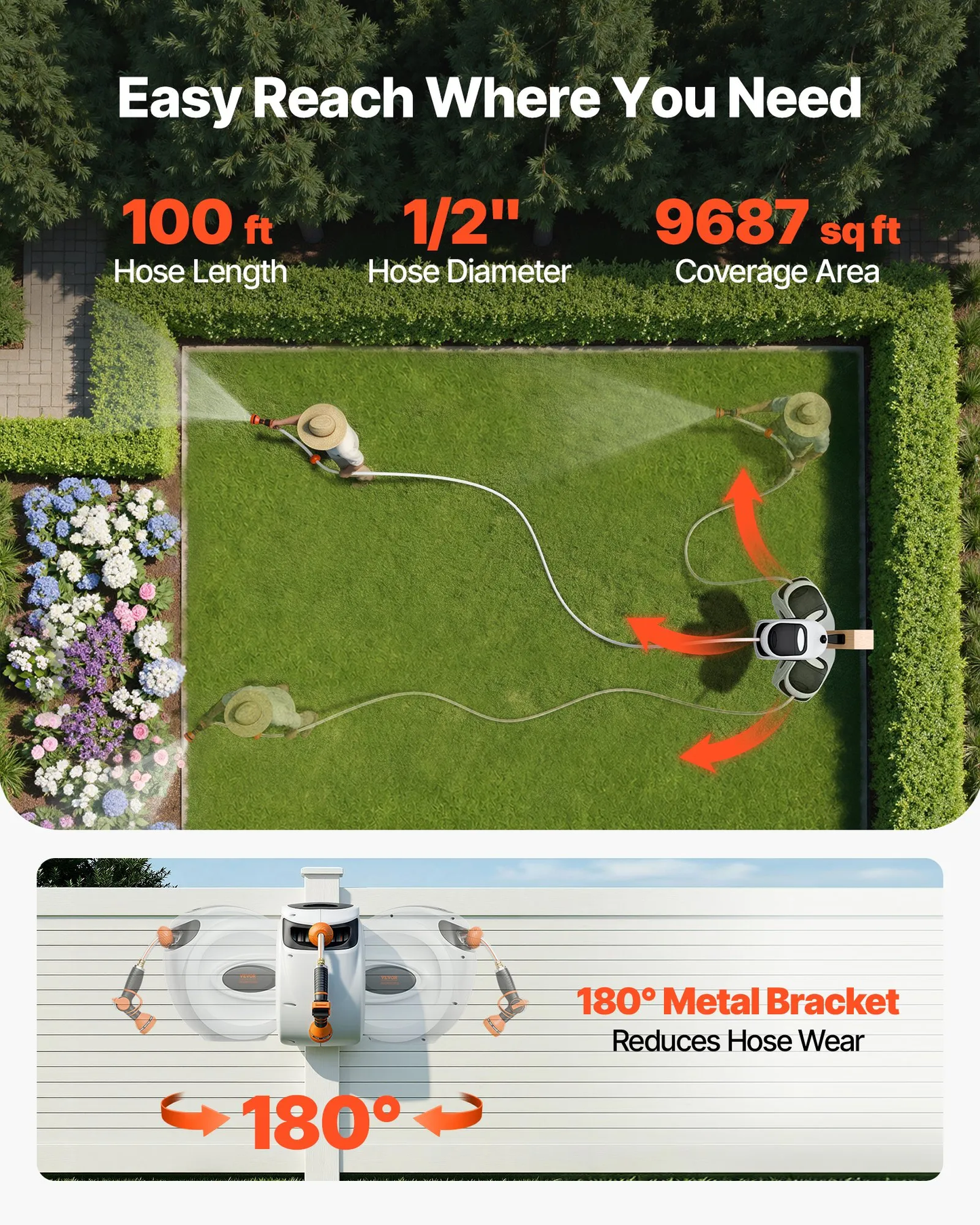 VEVOR Retractable Hose Reel, 100 ft x 1/2 inch, 180° Swivel Bracket Wall-Mounted,-$85