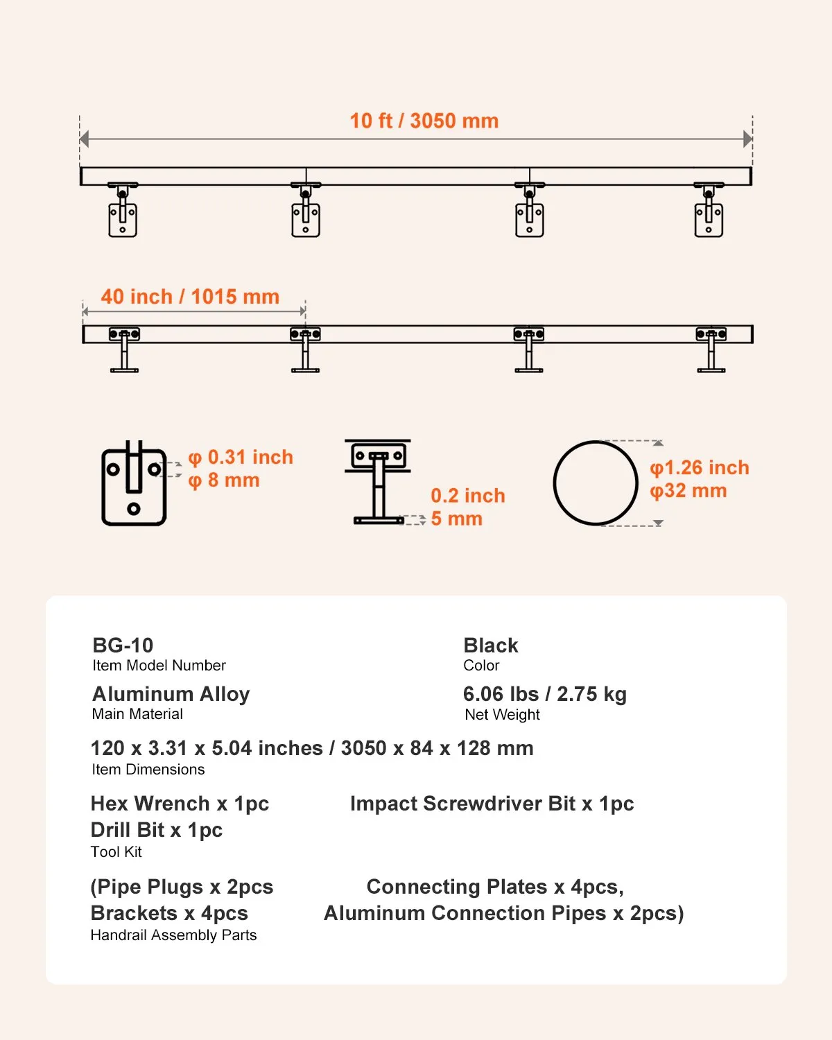 VEVOR Wall Mounted Stair Handrail, 10ft Pipe Staircase Handrail, Black Galvanized Aluminum,-$35