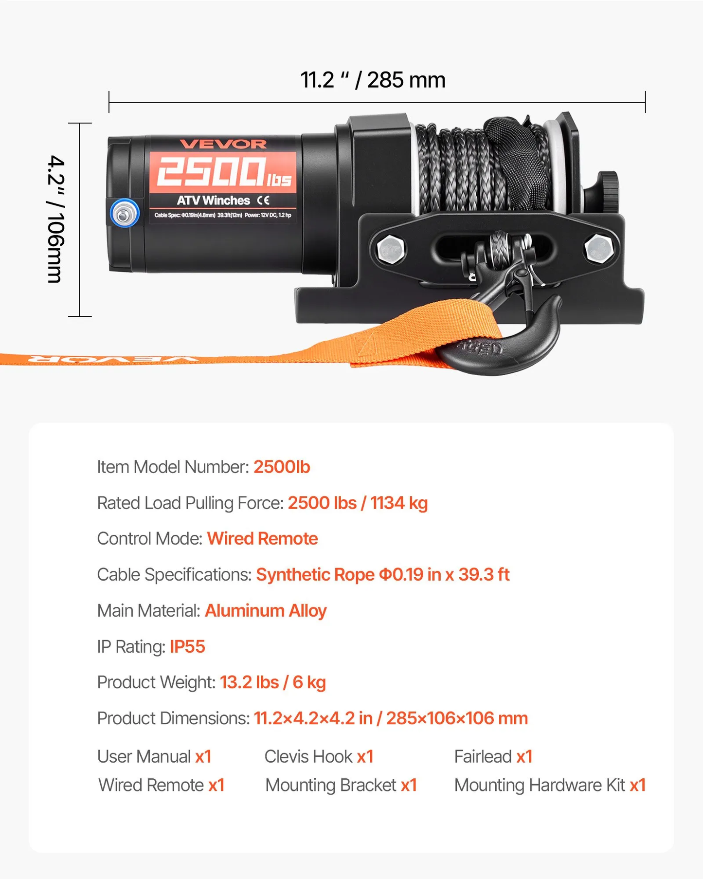 VEVOR 2500 lbs Electric Winch, 12V DC ATV/UTV Winch with Φ0.19 in x 39.4 ft Synthetic Rope,-$65