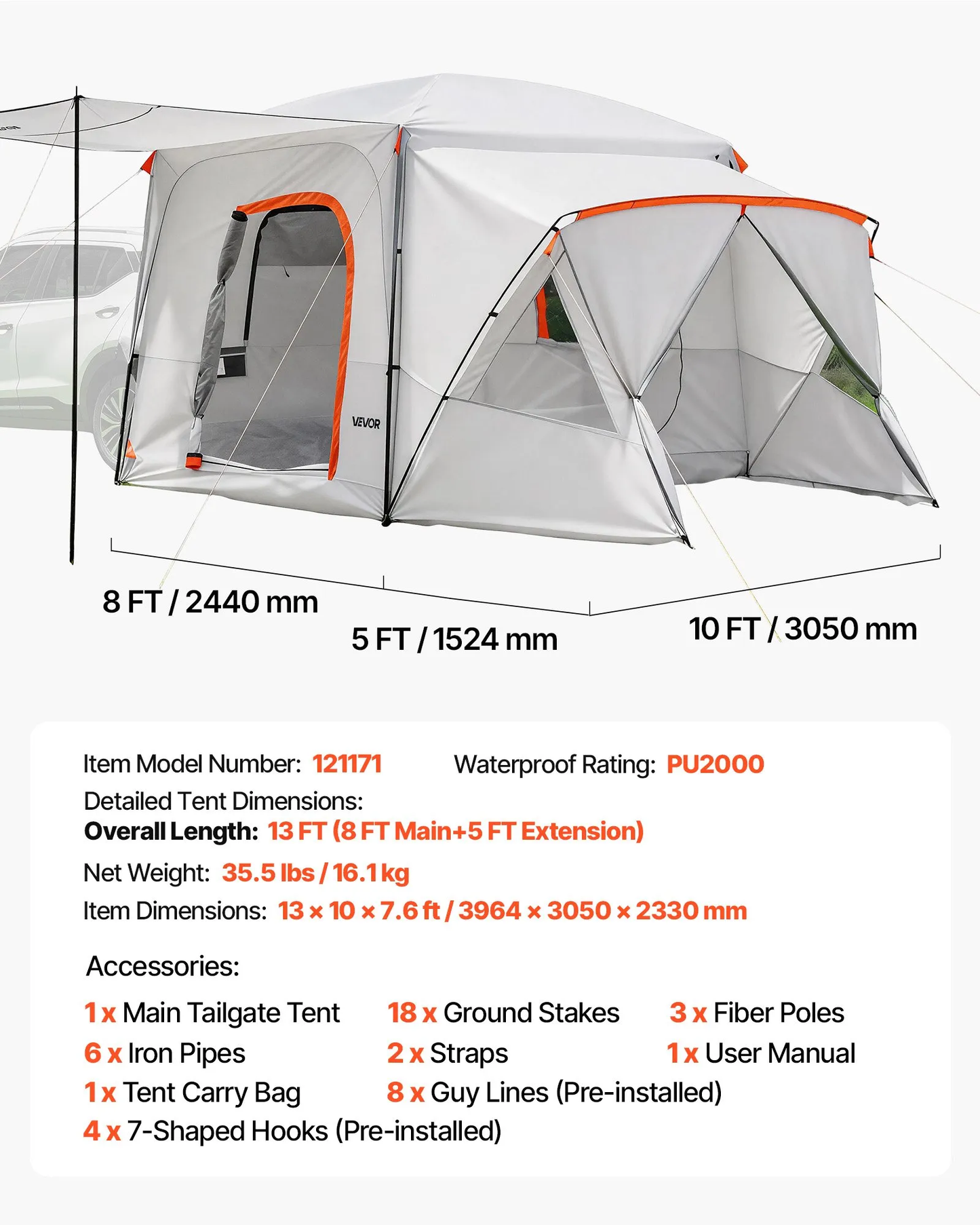 VEVOR SUV Camping Tent F/5-9 Person, 13x10FT 3-Season SUV Tailgate Tent w/Ventilated Windows,-$280