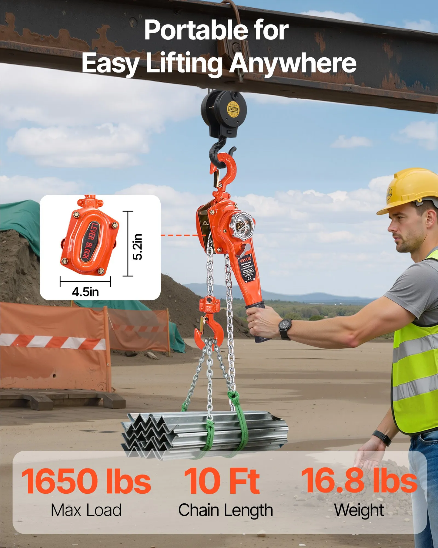VEVOR Manual Lever Chain Hoist, 3/4T 1650LBS Capacity Heavy Duty Come Along, 10FT Lift G80 Alloy,-$40