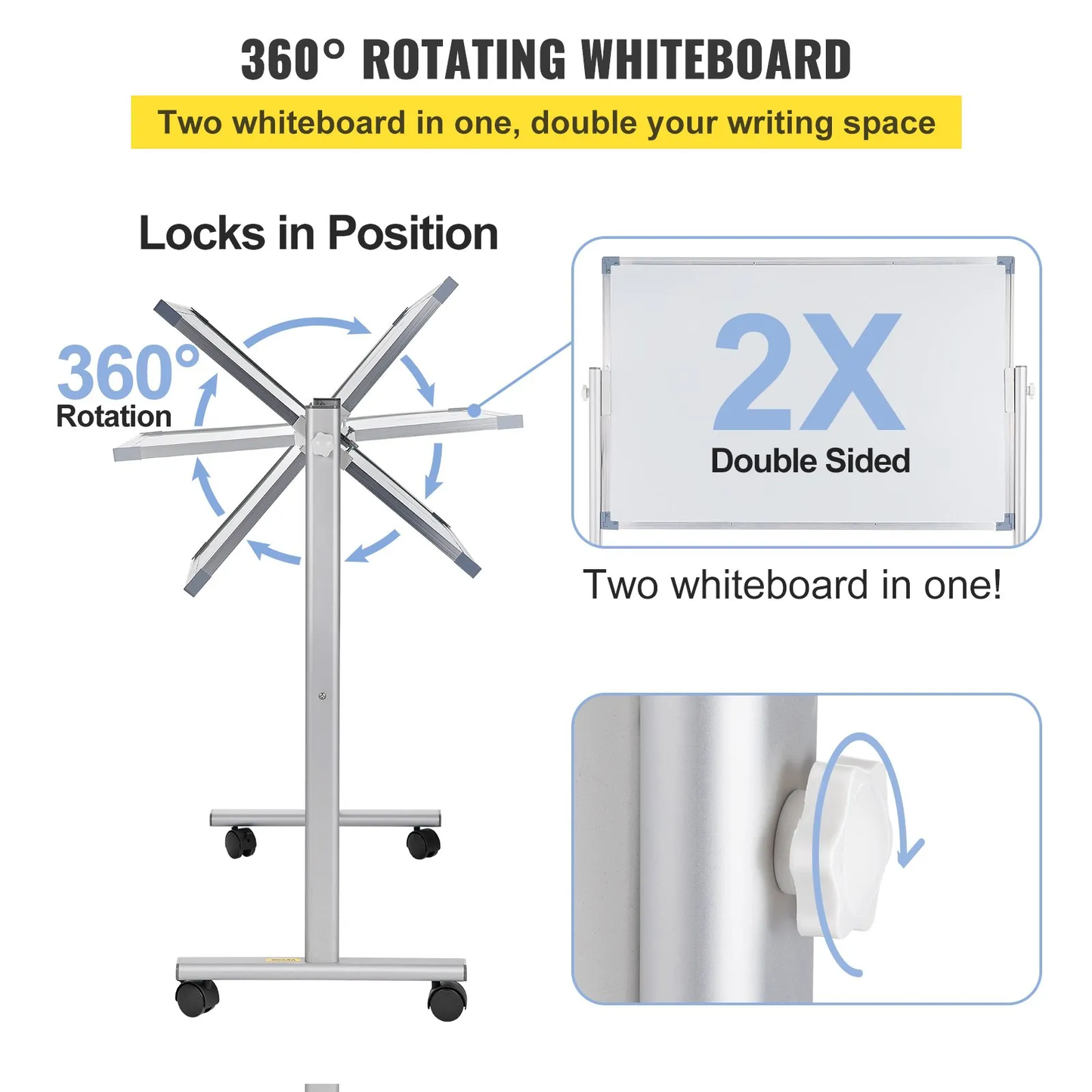 VEVOR Mobile Magnetic Whiteboard, 36 x 24 Inch, Double Sided, 360 Degree Reversible Rolling Dry,-$75