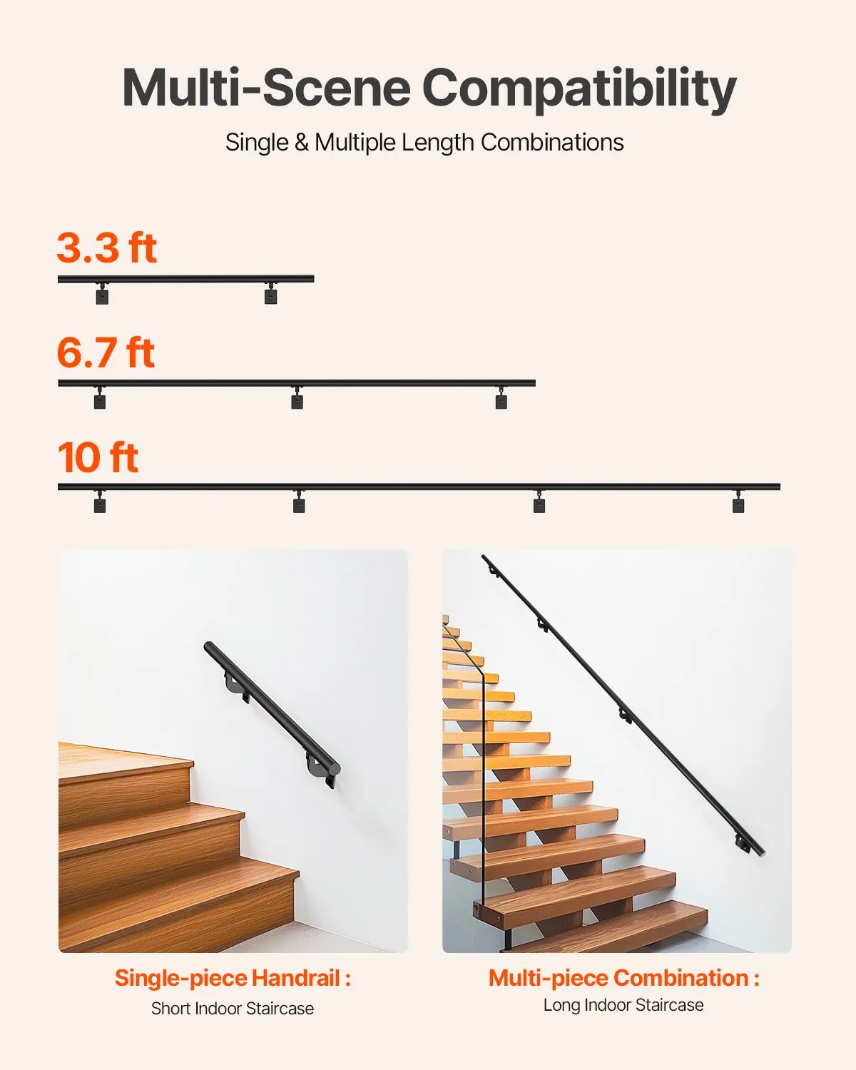 VEVOR Wall Mounted Stair Handrail, 10ft Pipe Staircase Handrail, Black Galvanized Aluminum,-$35