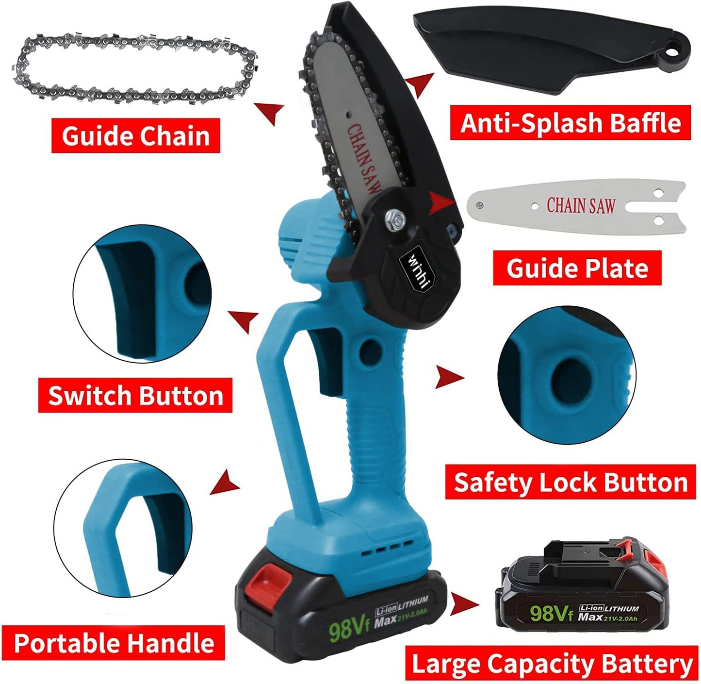 Brand New Mini Chainsaw, WINHI 4-Inch 21V Cordless Chainsaw with 2 Batteries , Blue&Black -$60
