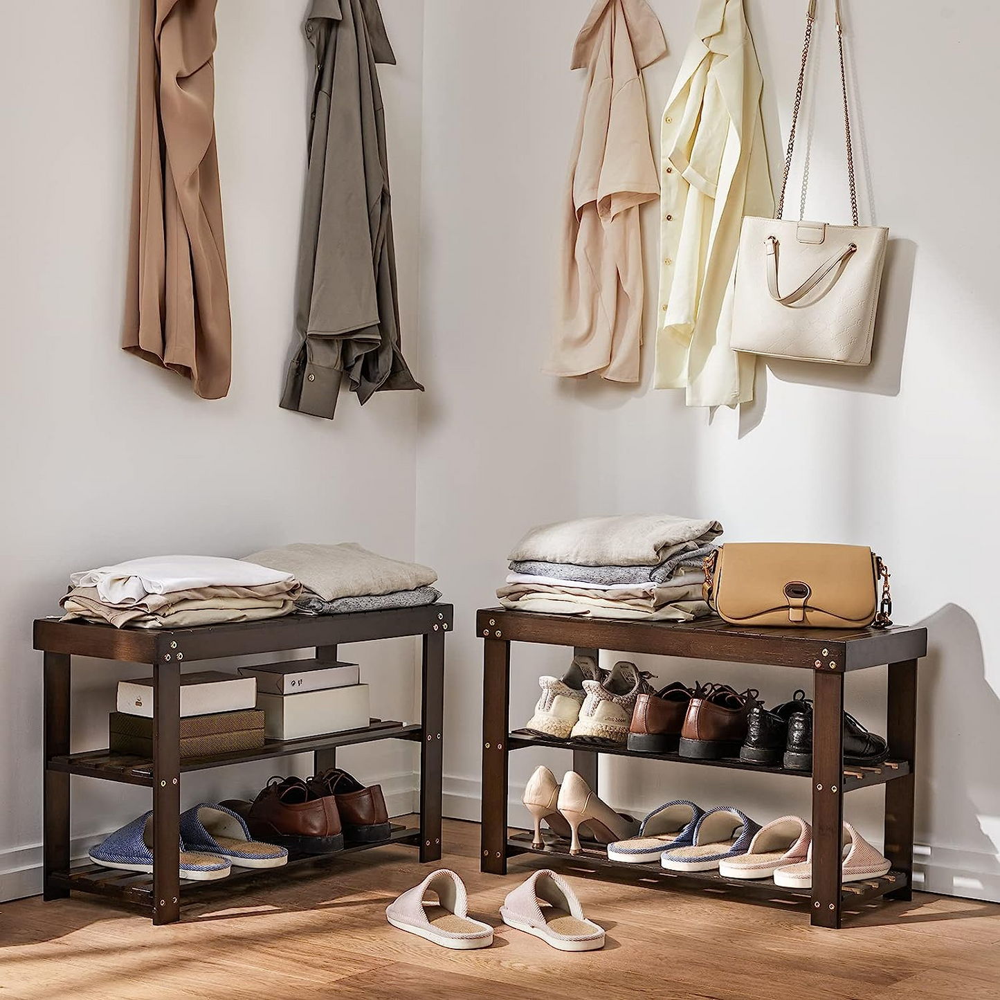 BNIB-Bamboo Shoe Rack Bench, 3-Tier Sturdy Shoe Bench, Holds up to 300 LBS，-$45