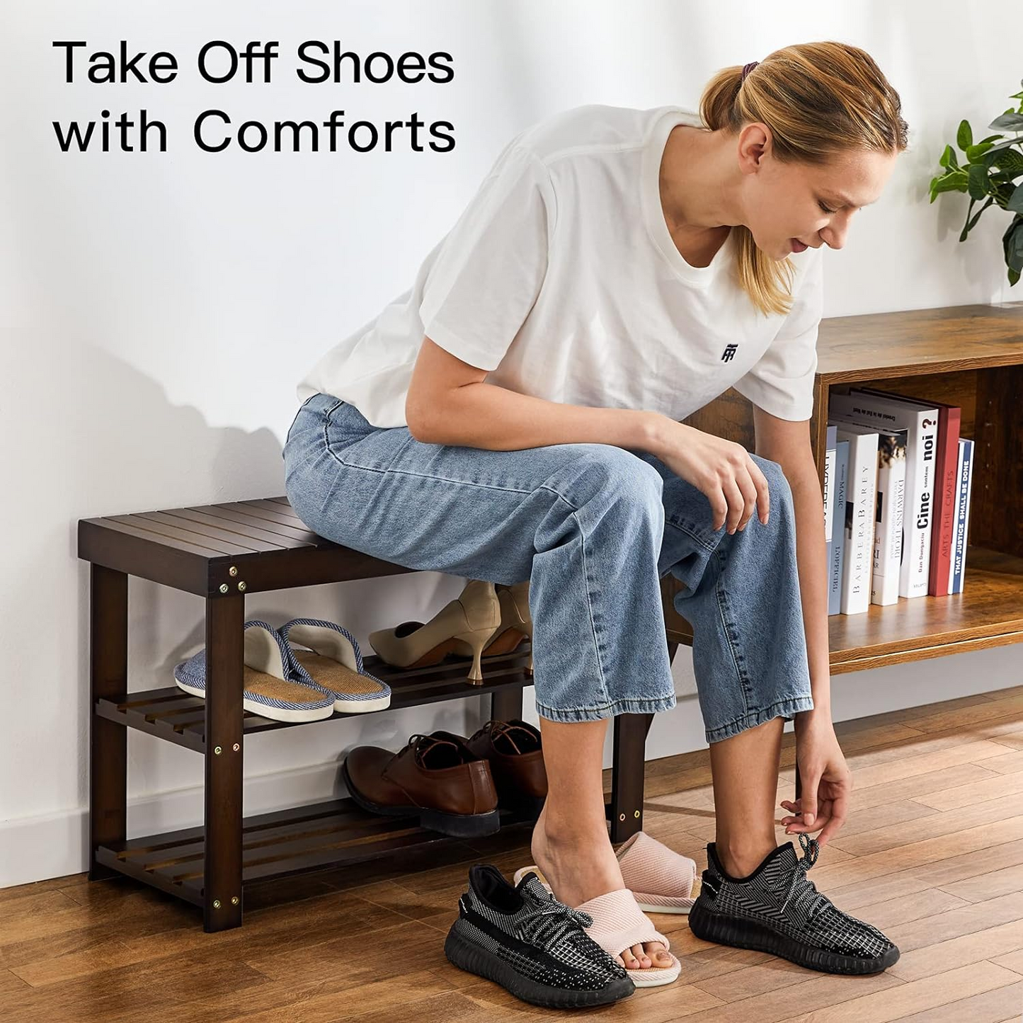 BNIB-Bamboo Shoe Rack Bench, 3-Tier Sturdy Shoe Bench, Holds up to 300 LBS，-$45