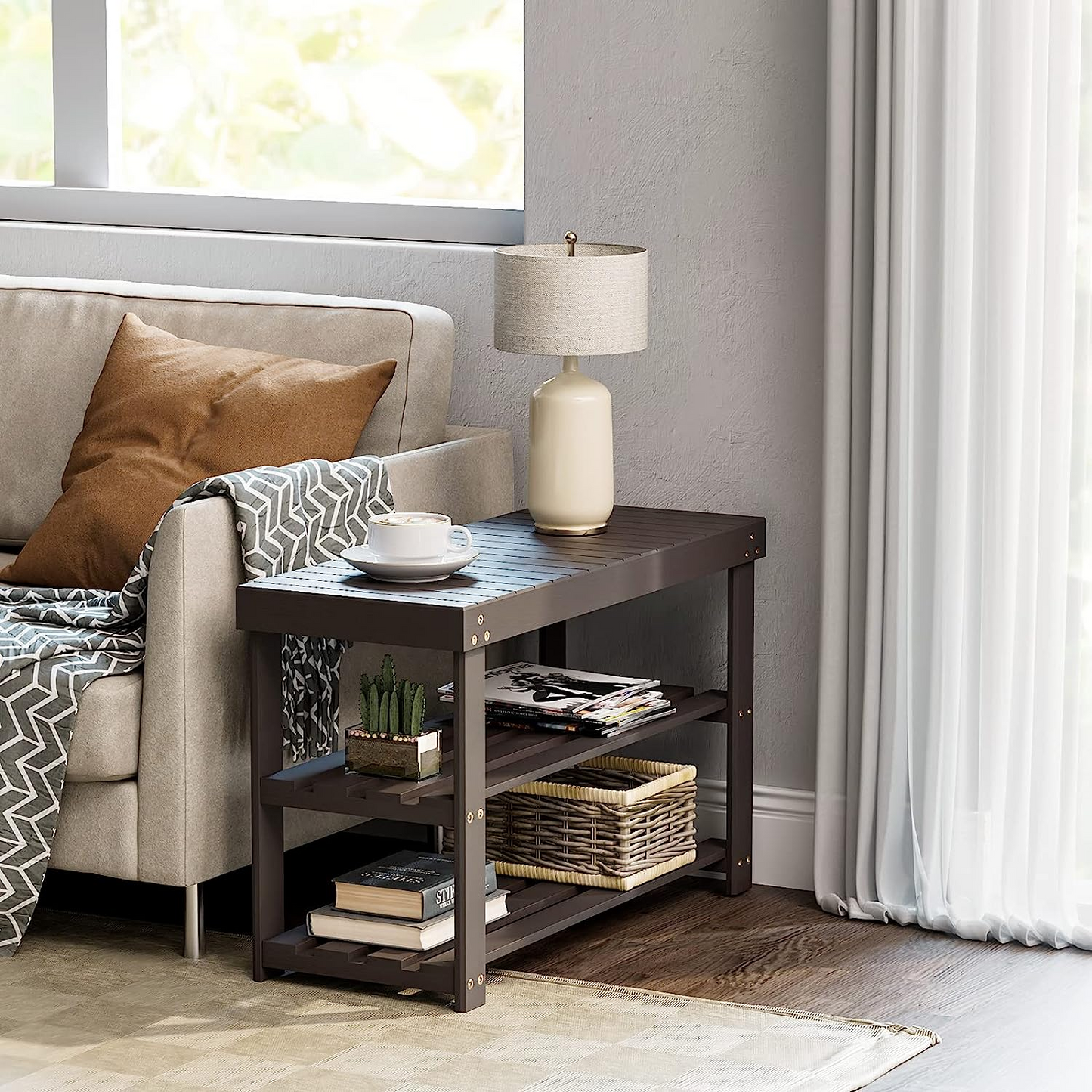 BNIB-Bamboo Shoe Rack Bench, 3-Tier Sturdy Shoe Bench, Holds up to 300 LBS，-$45