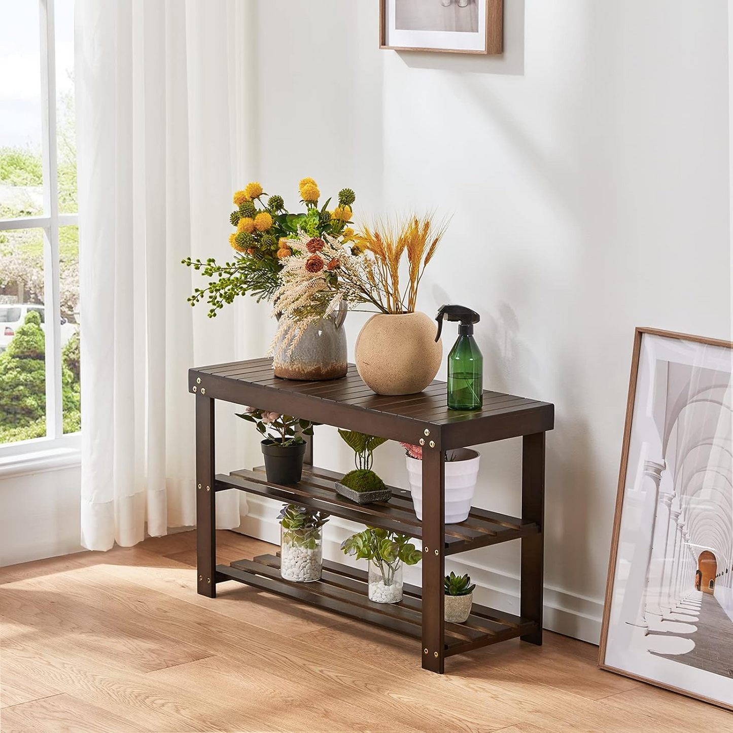 BNIB-Bamboo Shoe Rack Bench, 3-Tier Sturdy Shoe Bench, Holds up to 300 LBS，-$45