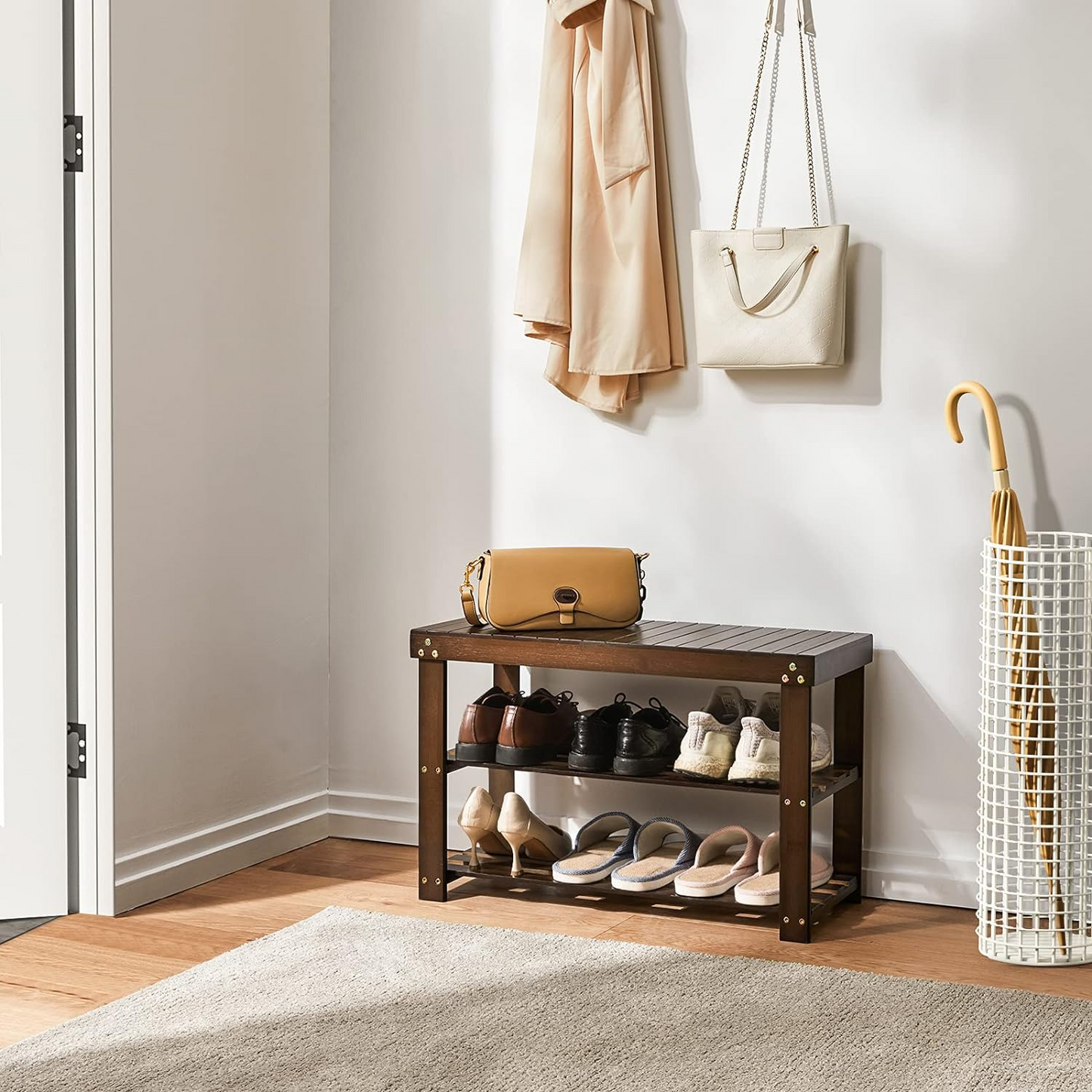 BNIB-Bamboo Shoe Rack Bench, 3-Tier Sturdy Shoe Bench, Holds up to 300 LBS，-$45
