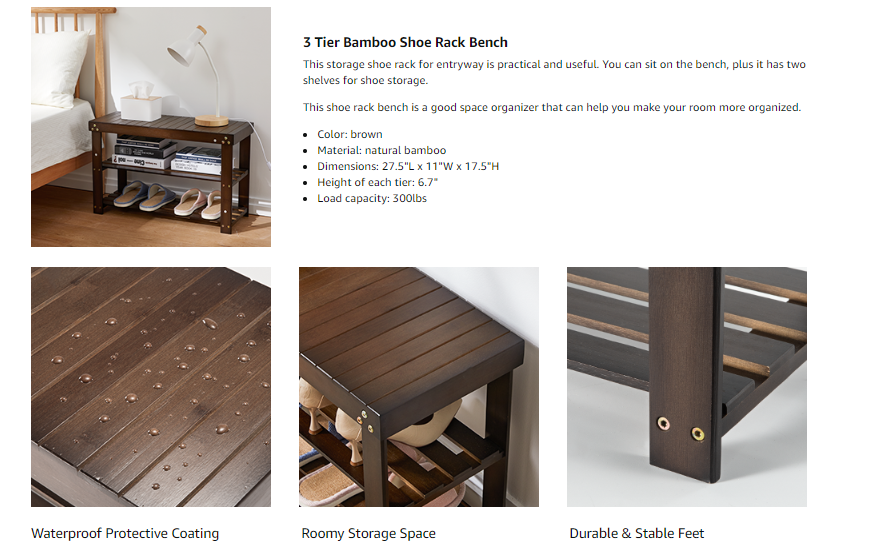 BNIB-Bamboo Shoe Rack Bench, 3-Tier Sturdy Shoe Bench, Holds up to 300 LBS，-$45