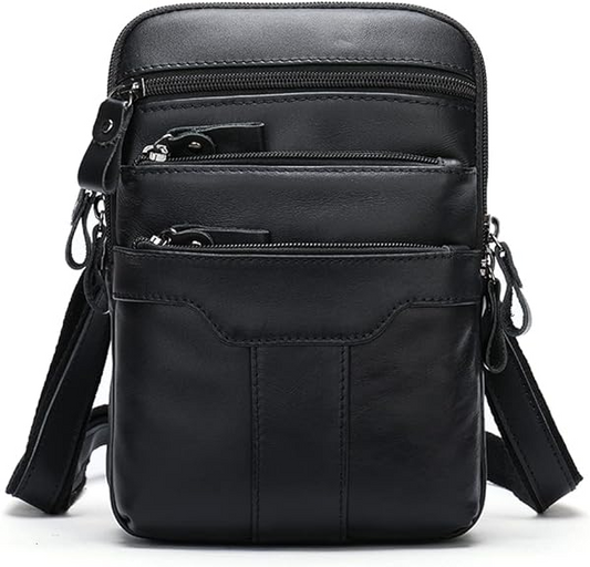 Brand New Leather Crossbody Bag with 6 Zipper Pockets, Small Messenger Bags Travel Work Side Bag