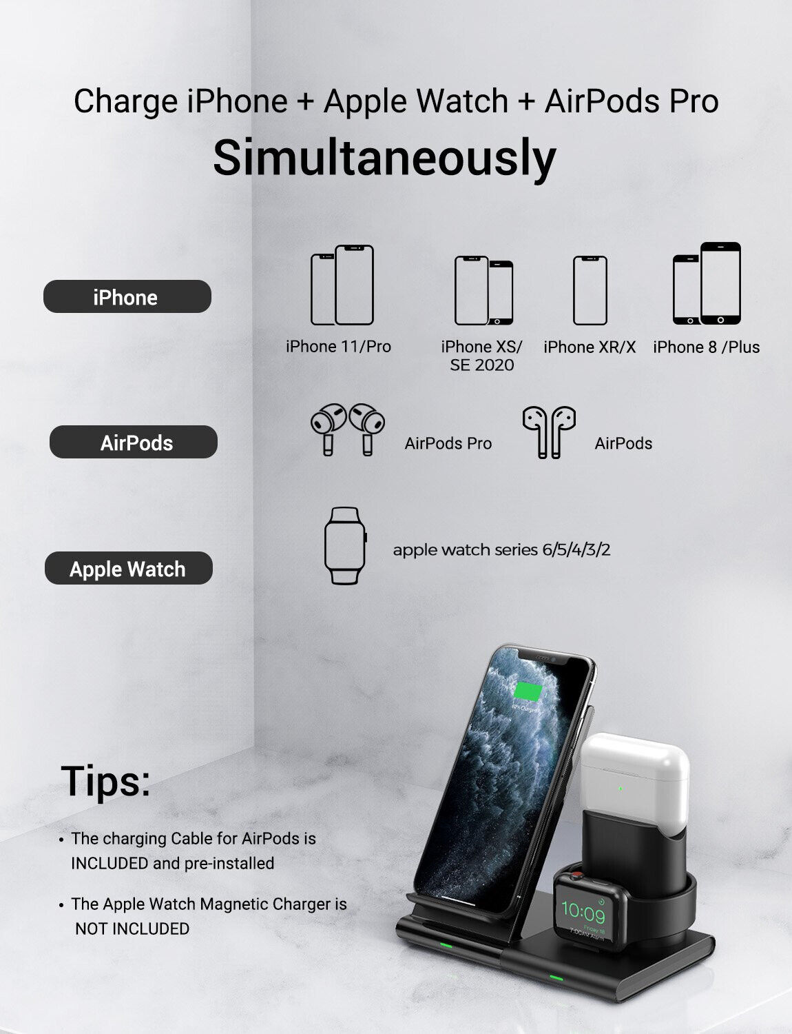 Brand New-Seneo 3 in 1 Fast Wireless Charger Stand，Wave Stand MODEL: PA191B,- $25